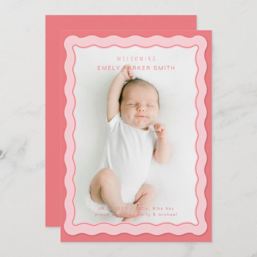 Wavy Roze Dubbele Rand Schattige Ontwerp Aankondiging (Voorkant / Achterkant)