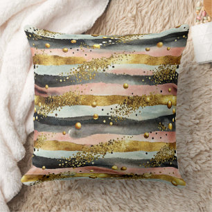 Wavy roze en zwarte strepen met gouden glitter kussen