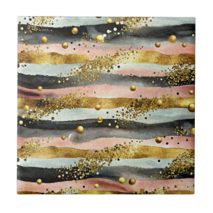 Wavy roze en zwarte strepen met gouden glitter tegeltje