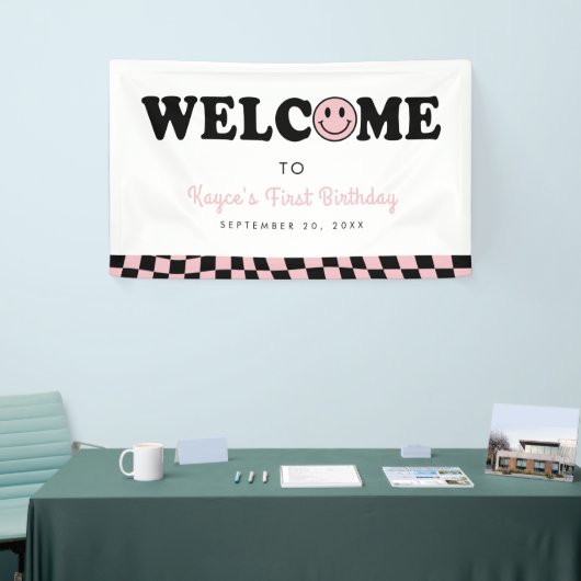 Wavy roze preppy glimlach meisje 1e verjaardag wel spandoek (Beurs)