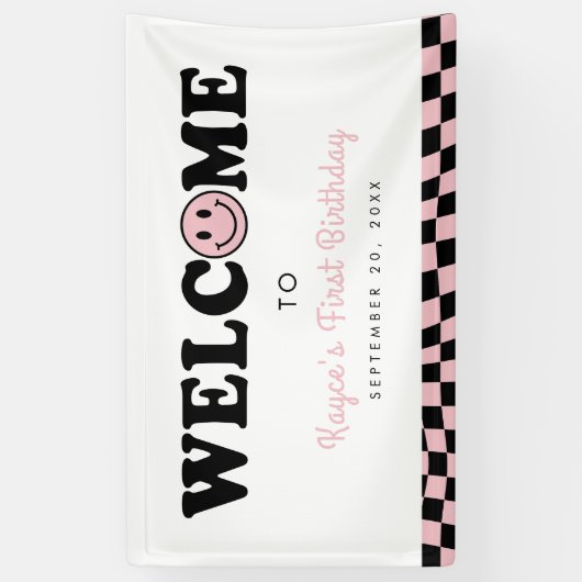 Wavy roze preppy glimlach meisje 1e verjaardag wel spandoek (Verticaal)