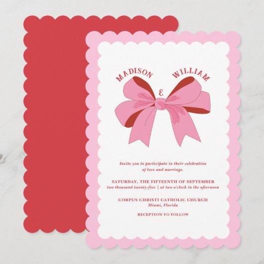 Wavy roze rode bruiloft kaart (Voorkant / Achterkant)