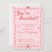 Wavy Roze Rood Bachelorette Tijdlijn Uitnodiging (Voorkant)