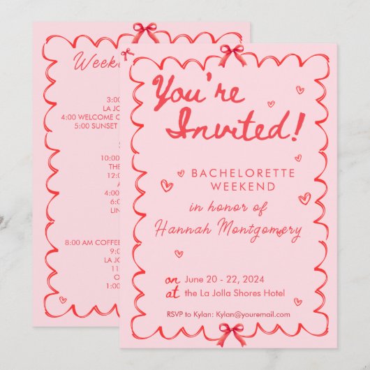 Wavy Roze Rood Bachelorette Tijdlijn Uitnodiging (Voorkant / Achterkant)