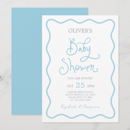 Wavy Scallop Border Baby shower Jongensuitnodiging Kaart (Voorkant / Achterkant)