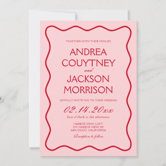 Wavy Valentijn rood en roze bruiloft Kaart (Voorkant)