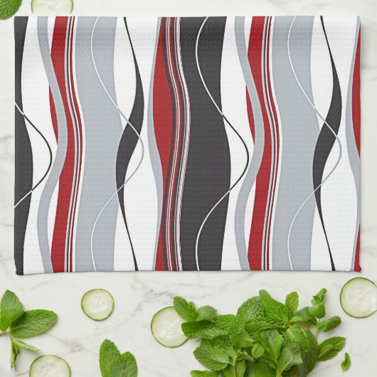 Wavy Vertical Stripes Red Black White en Grey Theedoek (Gevouwen)