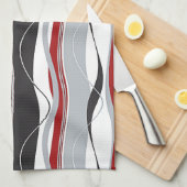 Wavy Vertical Stripes Red Black White en Grey Theedoek (Quarter Fold)