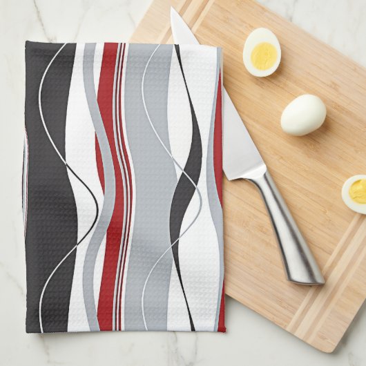 Wavy Vertical Stripes Red Black White en Grey Theedoek (Quarter Fold)
