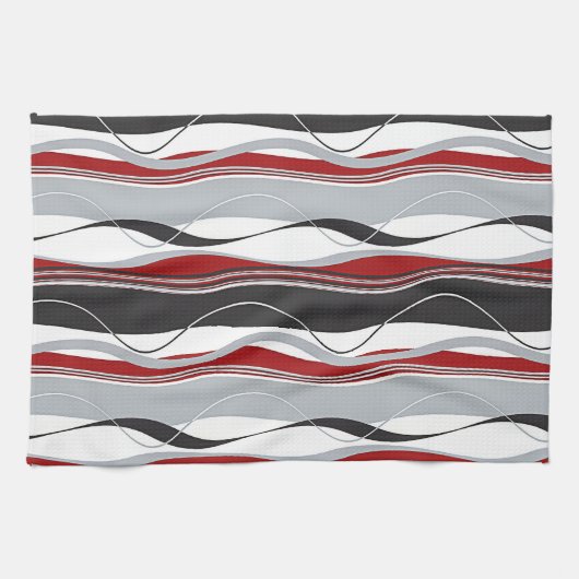 Wavy Vertical Stripes Red Black White en Grey Theedoek (Horizontaal)