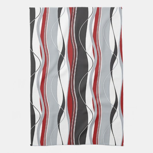 Wavy Vertical Stripes Red Black White en Grey Theedoek (Verticaal)