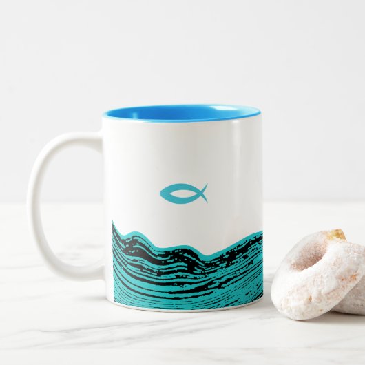 Wavy Waters Jesus Fish Tweekleurige Koffiemok (Met donut)