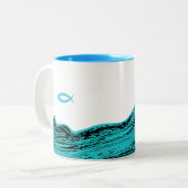 Wavy Waters Jesus Fish Tweekleurige Koffiemok (Voorkant links)