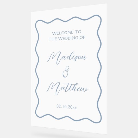 Wavy White en Dusty Blue Wedding Welkom Acryl Bord (Hoek)