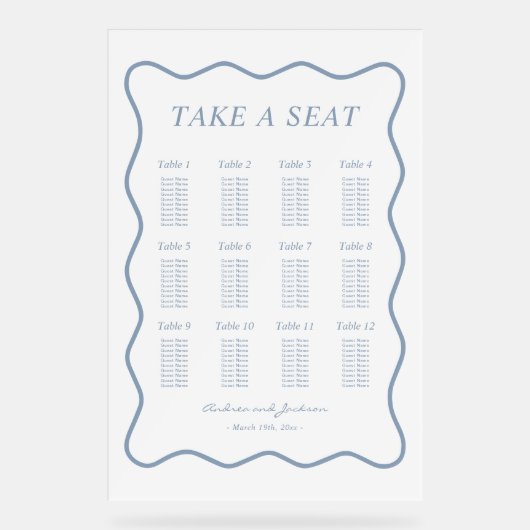 Wavy Wit en Blauw Acryl Trouwstoel Grafiek Acryl Bord (Voorkant)