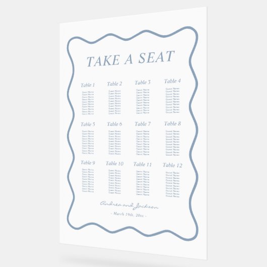 Wavy Wit en Blauw Acryl Trouwstoel Grafiek Acryl Bord (Hoek)