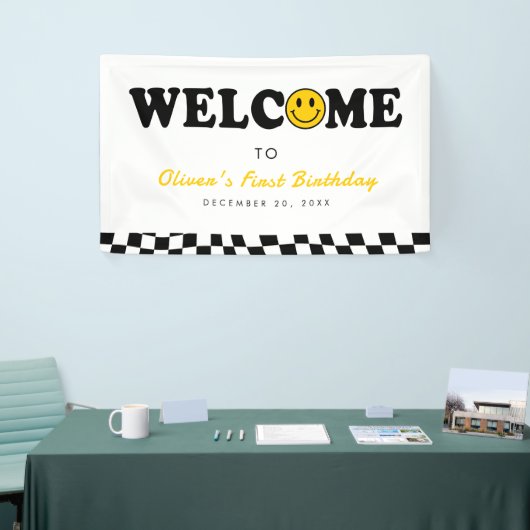 Wavy Yellow Preppy Smile Boy 1e Verjaardag Welkom Spandoek (Beurs)