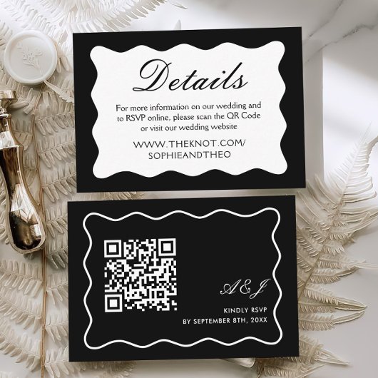 Wavy Zwart-wit Wedding Details Qr Code Informatiekaartje