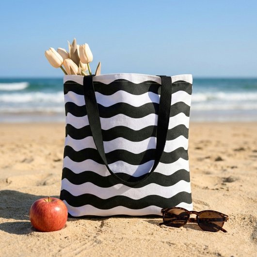 Wavy zwarte witte strepen modern tote bag