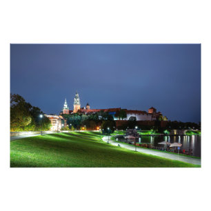 Wawel kasteel 's nachts in Krakau, Polen Foto Afdruk