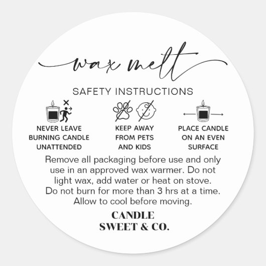 Wax Melt Waarschuwing | Instructies voor het brand Ronde Sticker (Voorkant)