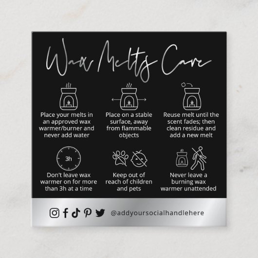Wax Melts Safety Guide zwart/zilver Logo Vierkante Visitekaartje (Voorkant)