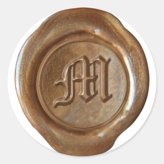 Wax Seal Monogram - Koper - Oude Engelse M - Ronde Sticker (Voorkant)