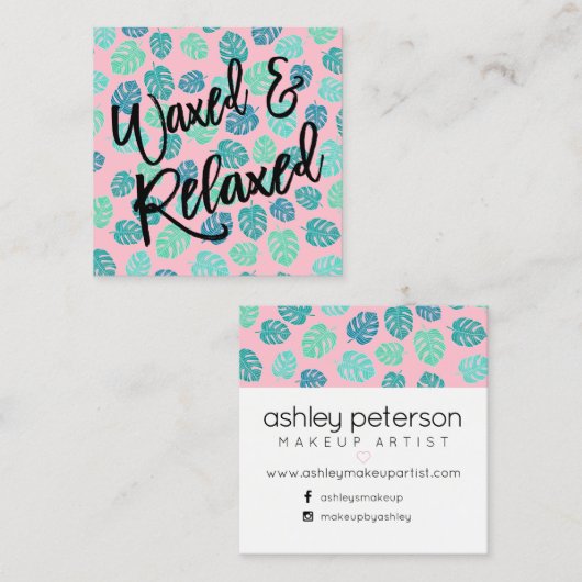 Wax typografie tropische bladroze vierkante visitekaartje (Voorkant / Achterkant)