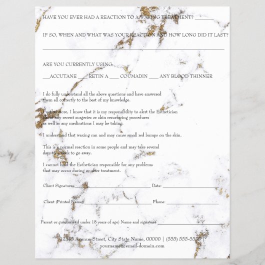 Waxing Depilation Liability Waiver Release Marble Flyer (Achterkant)