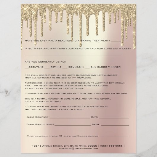 Waxing Depilation Liability Waiver Release Sparkly Flyer (Achterkant)