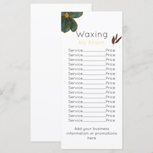 Waxtechnicus/estheticus gouden maroon blauwgroen menu (Voorkant / Achterkant)