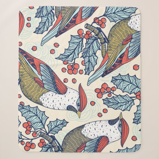 Waxwings Holly Kerstpatroon Sherpa Deken (Voorkant)