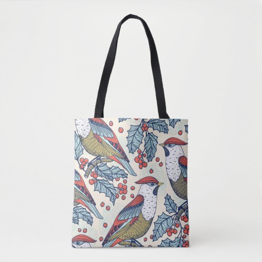 Waxwings Holly Kerstpatroon Tote Bag (Voorkant)