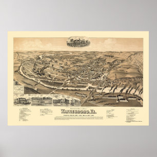 Waynesboro, VA Panorama Kaart - 1891 Poster