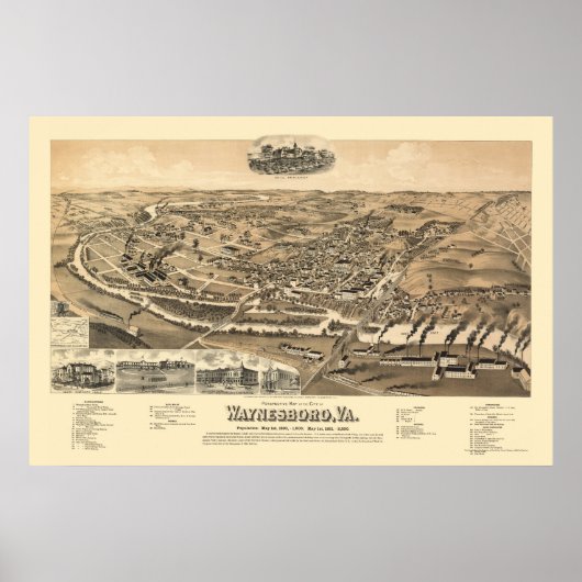 Waynesboro, VA Panorama Kaart - 1891 Poster (Voorkant)