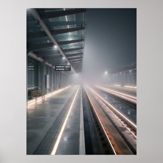 Wazige Nachtverlichting Treinstation Poster (Voorkant)