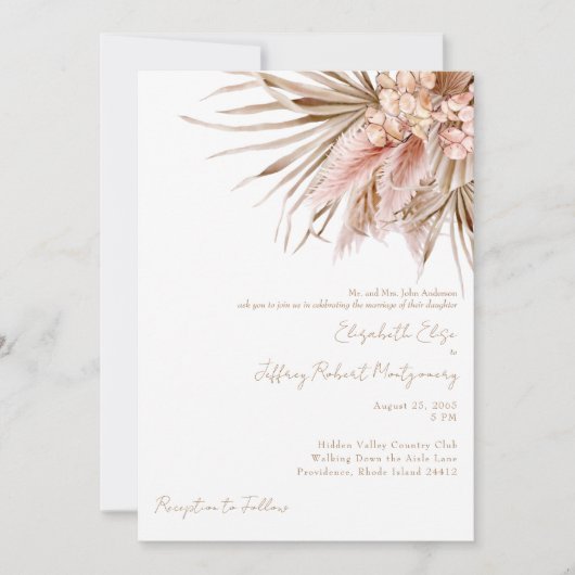 Wazige Waterverf Pampas Blush Bruiloft Kaart (Voorkant)