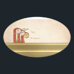 WE 3 Kings - Art Deco Christmas To-From Ovale Sticker<br><div class="desc">Dit opvallende grote, ovale, Peel-n-Stick Christmas Label heeft een schilderij dat een mash-up is van Art Deco uit 1920 en digitale kunstenaar, Leslie Sigal Javorek's eigen unieke styling van een engelachtig Aziatisch koor van 3, geclusterd achter een gouden bank, het zingen van de melodie van een geliefde kerstliedje. Aan hun...</div>