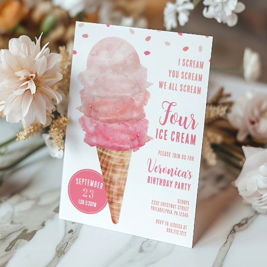 We All Scream FOUR Ice Cream Birthday Party Invite Kaart