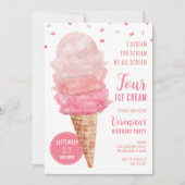 We All Scream FOUR Ice Cream Birthday Party Invite Kaart (Voorkant)