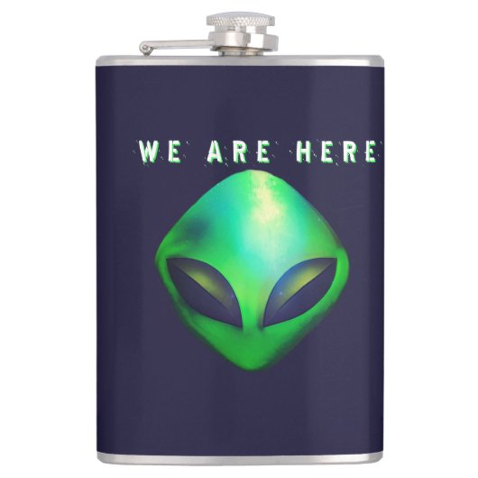 "We Are Here" Green Alien head Heupfles (Voorkant)