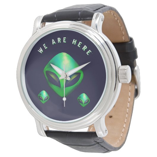 "We Are Here" Green Alien head Horloge (Gekanteld)