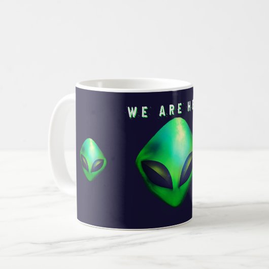 "We Are Here" Green Alien head Koffiemok (Voorkant links)