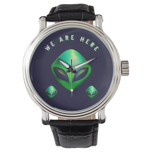 "We Are Here" groene alien hoofd Horloge (Voorkant)