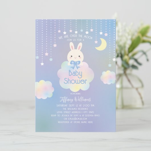 We Are Over the Moon Little Bunny Boy Baby Shower Kaart (Staand voorkant)