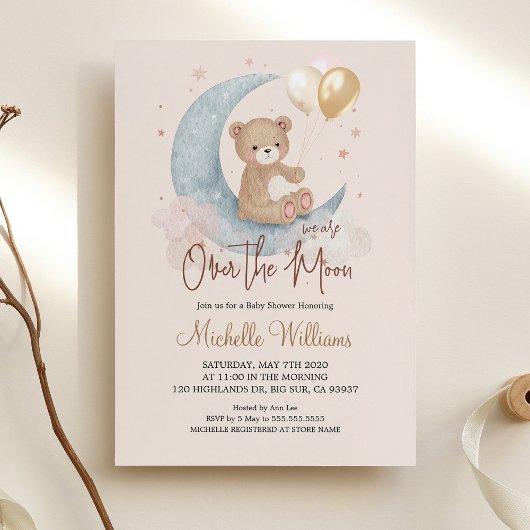 We Are Over The Moon Teddy Bear Stars Baby Shower Kaart