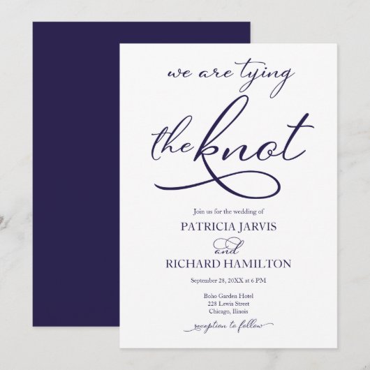 We Are Tying The Knot Navy Blue Script Trouwdag Kaart (Voorkant / Achterkant)