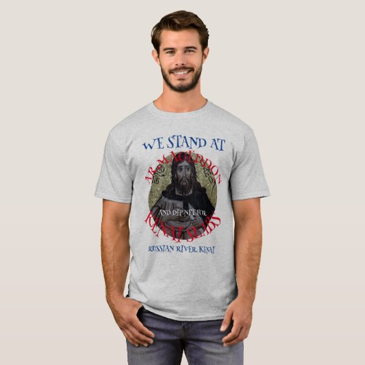 WE BEGINNEN MET ARMAGEDDON EN DIP NET SALMON T-SHIRT (Voorkant volledig)