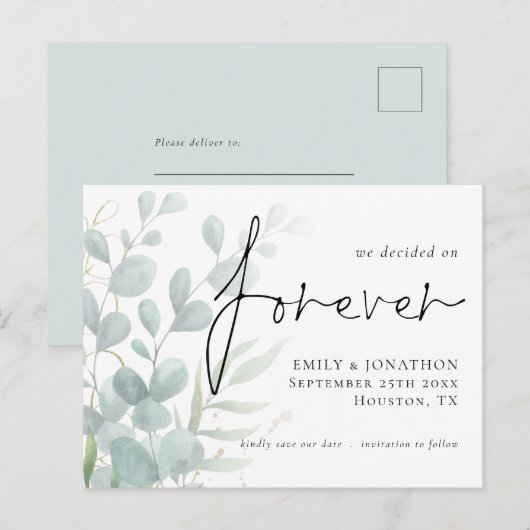 We besloten voor altijd Eucalyptus de datum te bew Uitnodiging Briefkaart (Voorkant / Achterkant)