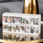 We besloten voor altijd trouwdatum en foto houten kist print<br><div class="desc">Huwelijksfoto houten blok met bijschrift "we besloten voor altijd - trouwdatum". De sjabloon is klaar voor u om maximaal 9 foto's toe te voegen, weergegeven als 7x horizontaal landschap en 2x verticaal portret. Ontworpen in zwart-wit, maar u bent van harte welkom om het kleurenpalet in het ontwerpgereedschap te veranderen. Perfect...</div>